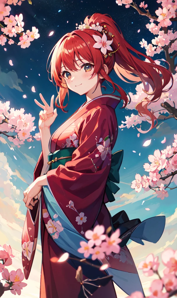 (Highest quality, High resolution, masterpiece, 8k, Very detailed:1.2), Movie angle, Shine, Shine肌, Backlight, Particles of light,
Outdoor, night、cherry blossoms、cherry blossoms並木、nightcherry blossoms、night空
1女性, alone, Cowboy Shot, Big Breasts、smile, blush, From below, Floating Hair, Wind、kimono、ponytail、Flower Hair Ornaments