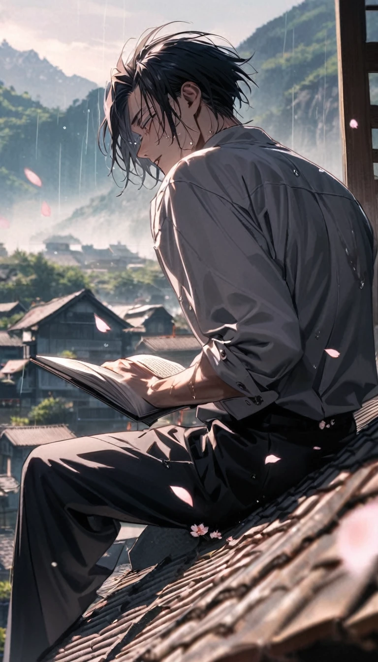 photo of an anime character (jujutsu KAISEN) named "yuta okkotsu" with black hair, and sharp eyes, a "jujutsu kaisen" shirt with buttons on the side, white "black trousers, with the effect of flying cherry blossom petals , and the falling raindrops wet him, and the white sword stuck to his back, he was sitting on the roof tiles while reading a book. along with a realistic rural background.