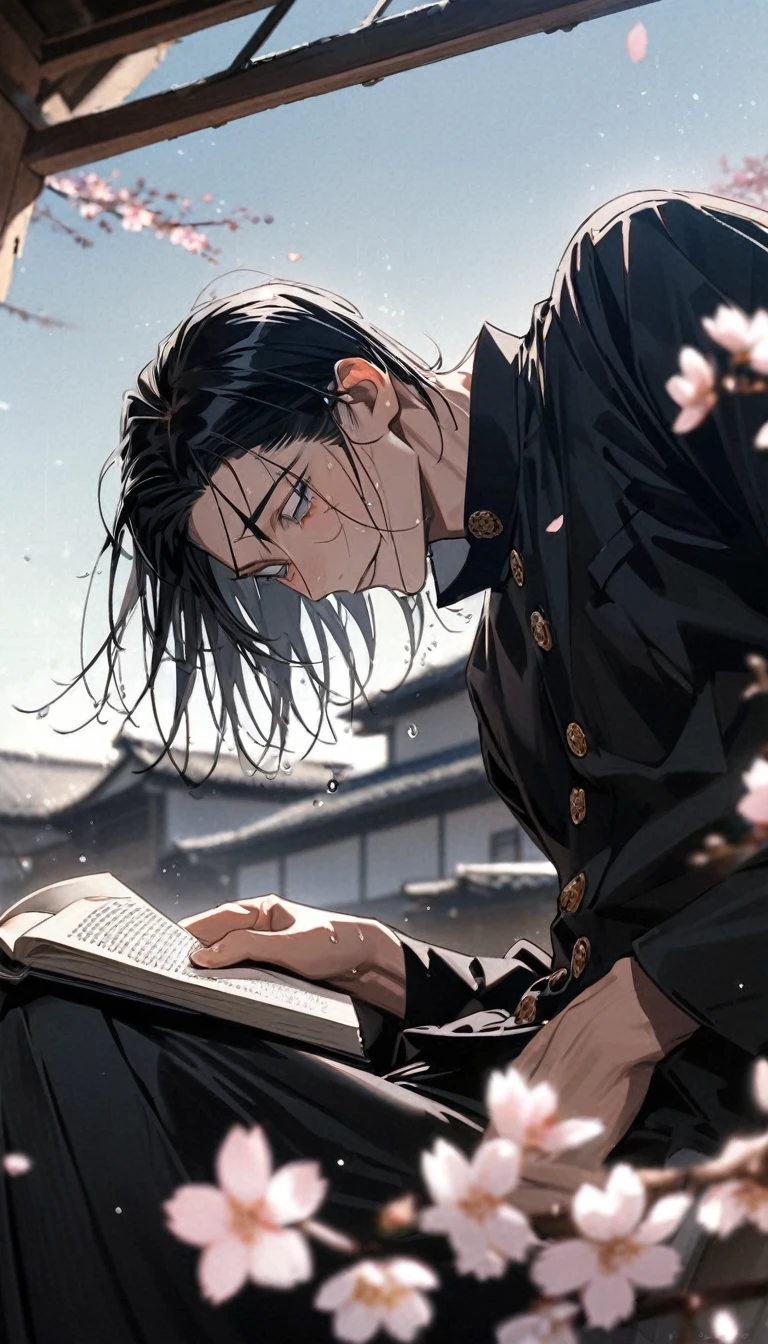photo of an anime character (jujutsu KAISEN) named "yuta okkotsu" with black hair, and sharp eyes, a "jujutsu kaisen" shirt with buttons on the side, white "black trousers, with the effect of flying cherry blossom petals , and the falling raindrops wet him, and the white sword stuck to his back, he was sitting on the roof tiles while reading a book. along with a realistic rural background.
