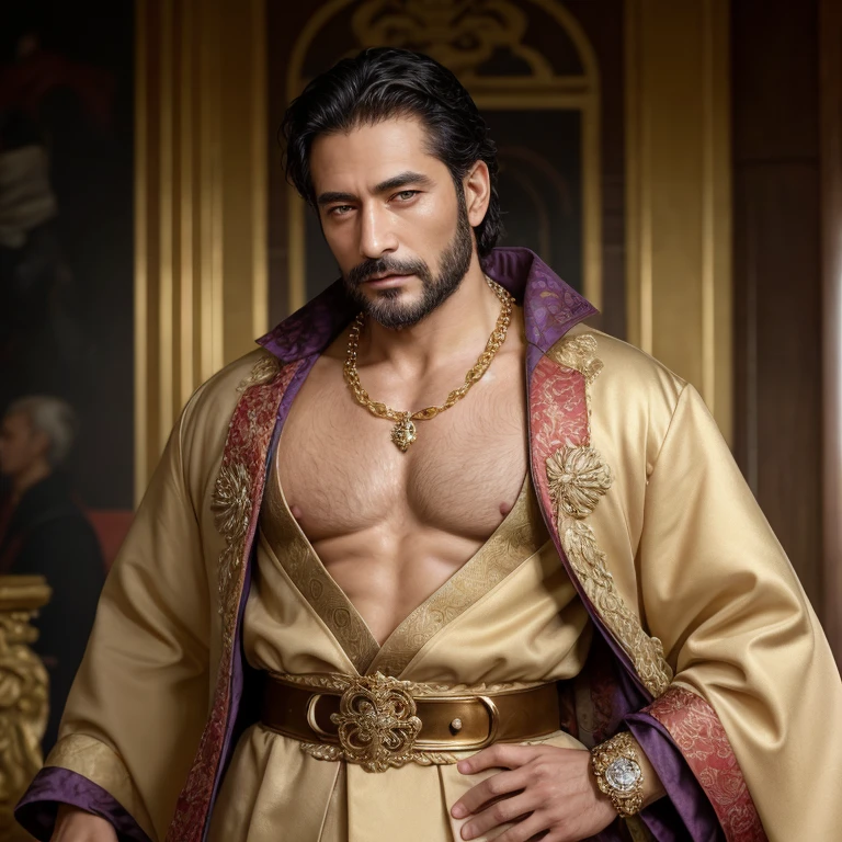 Masterpiece, high resolution, HDR, detailed composition, unique, hot handsome charming uniformed Japanese mature hunk from the 1500s invites you to his village, patriarchy, medieval fashion, elegant clothing, luxurious medieval clothing with super fine golden detailing, wearing elaborate jewelry, fine jewelry, wearing rings and necklace, golden, gold, diamond, shiny, royalty, extremely fine clothing details, wearing a large golden belt with rich artistic details, divine, opulence, grandeur, wealthy, rich taste, affluence, wisdom, pristine, sophisticated man, dashing man, scruff and hairy, mature, masculine, macho, beefy man, beautiful hazel eyes, symmetrical eyes, staring directly at camera, charming smile, happy