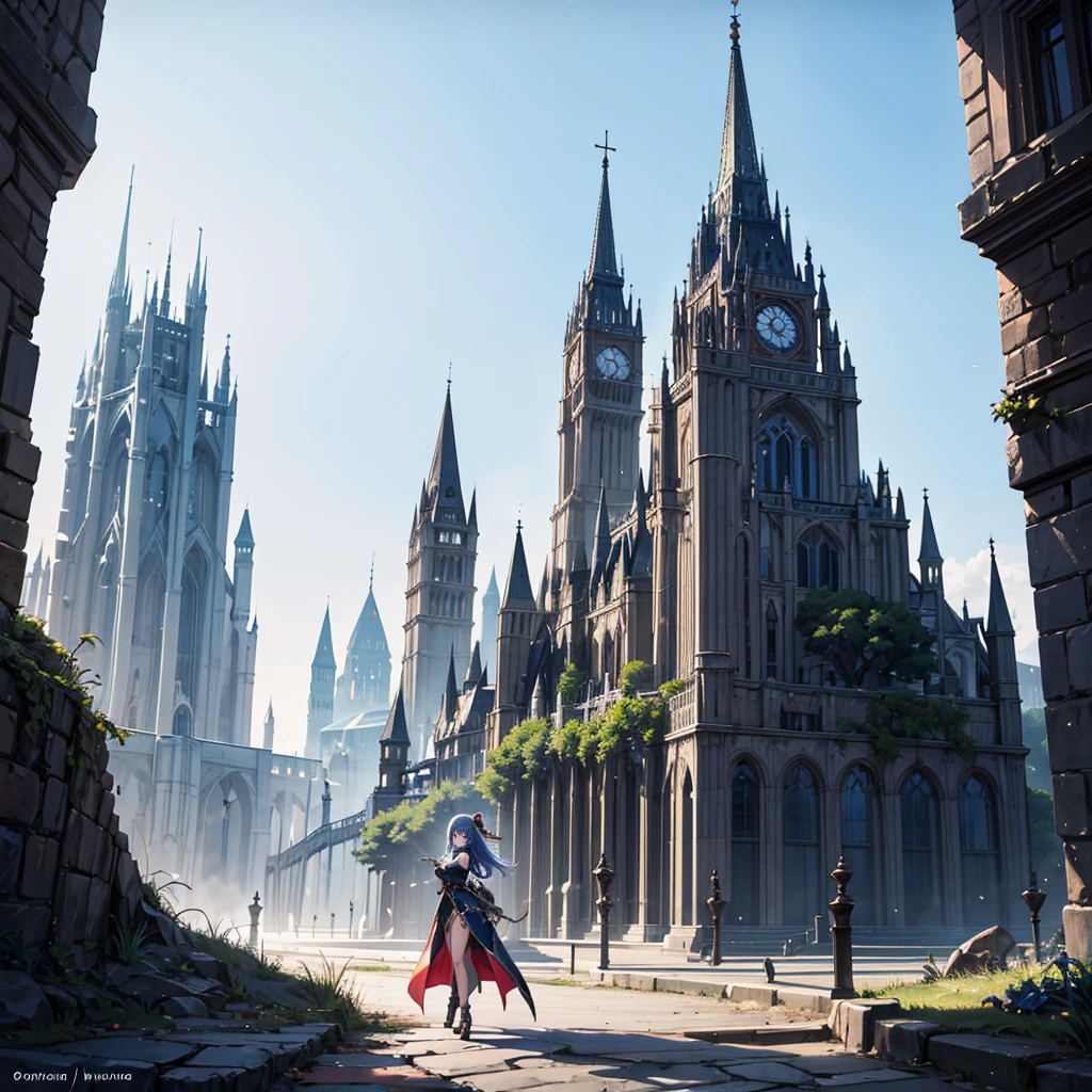 1 beautiful girl wearing fantasy clothes, walking in the fantasy world, stunning fantasy landcape background, random wearther