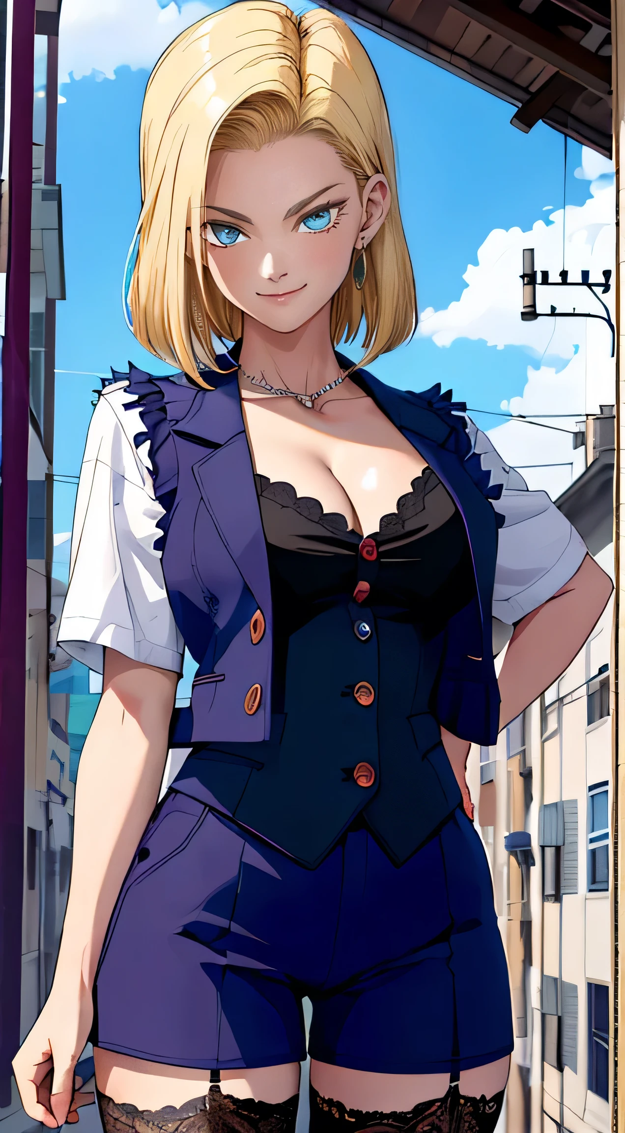 Masterpiece artwork, Best quality at best, ultra details, absurderes, Beautiful portrait Android18DB, only, ear nipple ring, (Bikini:1.5),dress badly,jewerly, (Shoulder to shoulder suit:1.5),neckleace, fully body,he used to smile, thongs, vests, clouds, Celestial sky, days days, exteriors,Super jean shortsbest quality, Masterpiece artwork, details Intricate, Tone-mapping, sharp focus, ultra details, Artstati is the trend,lips, face perfect, blush, mistress, Breasts huge, perfects eyes, Room, lingerie, love-preta league, blackstockings,
