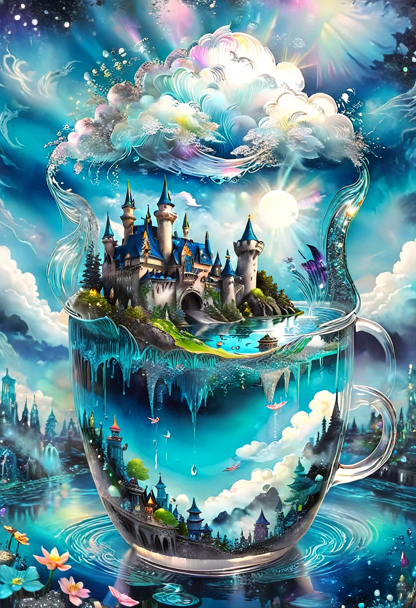 an enchanted city grows in a cup of clear water, clouds, a fairy tale, hyperdetalization, glitter, the background is dark, layered, many details, professional photo 64k