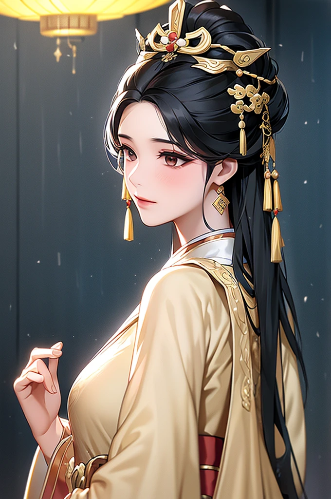 Black Hair, Immortal, Royal sister, Stepmother, Gold Robe, Taoist robe, Chinese style, Hair Bunch, light blush,