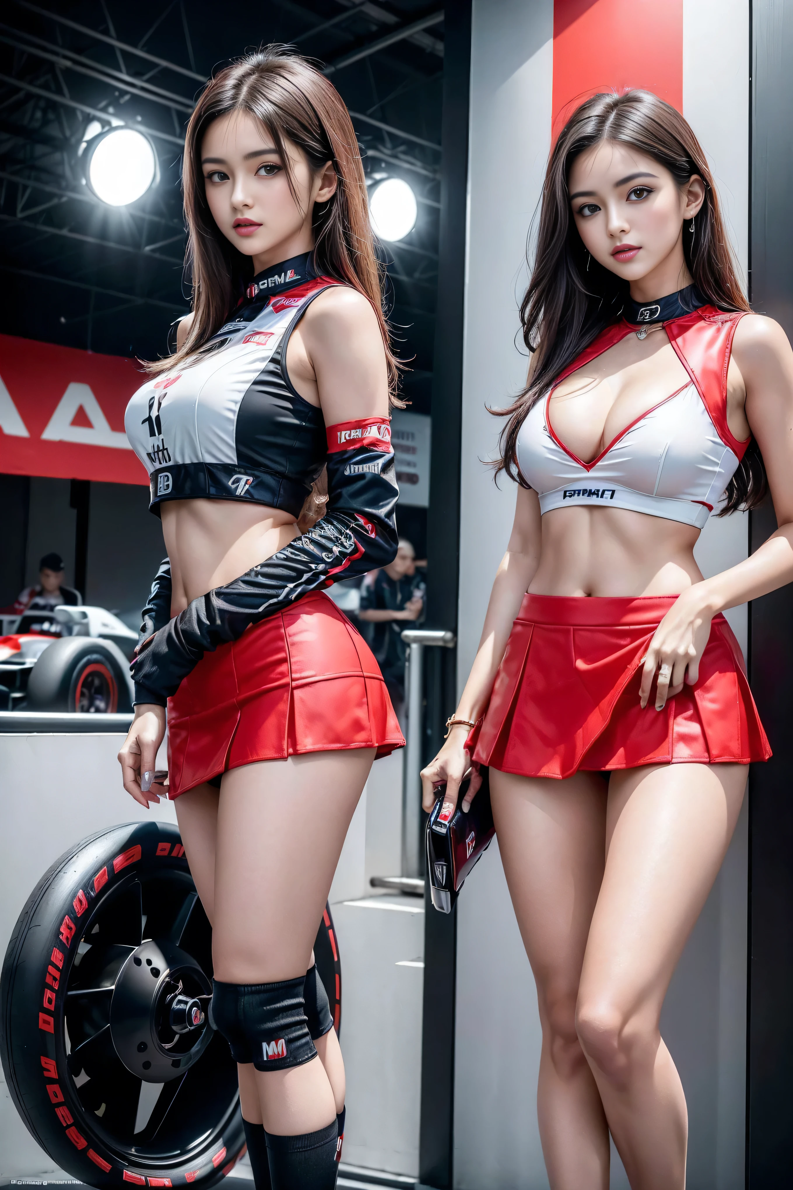 (masterpiece), ( MotoGP Racing Girls), (Eyeliner:0.5),(blush:0.5), Black Hair, A faint smile, Refers to a beautiful and delicate girl, Extremely detailed eyes and face, Beautiful and delicate eyes, , ((MOTOGP events)), (MotoGP track background), (best quality, high resolution, Reality, The original, 8K,masterpiece, ),(((Dynamic poses))),(((Midsection perspective))),(((Showing the underside of the chest ))),(((Red Mini Skirt Lift))),(((Bare inner thighs))),(((Formula One cars on display))), (Vibrant colors:1.2), (fine),