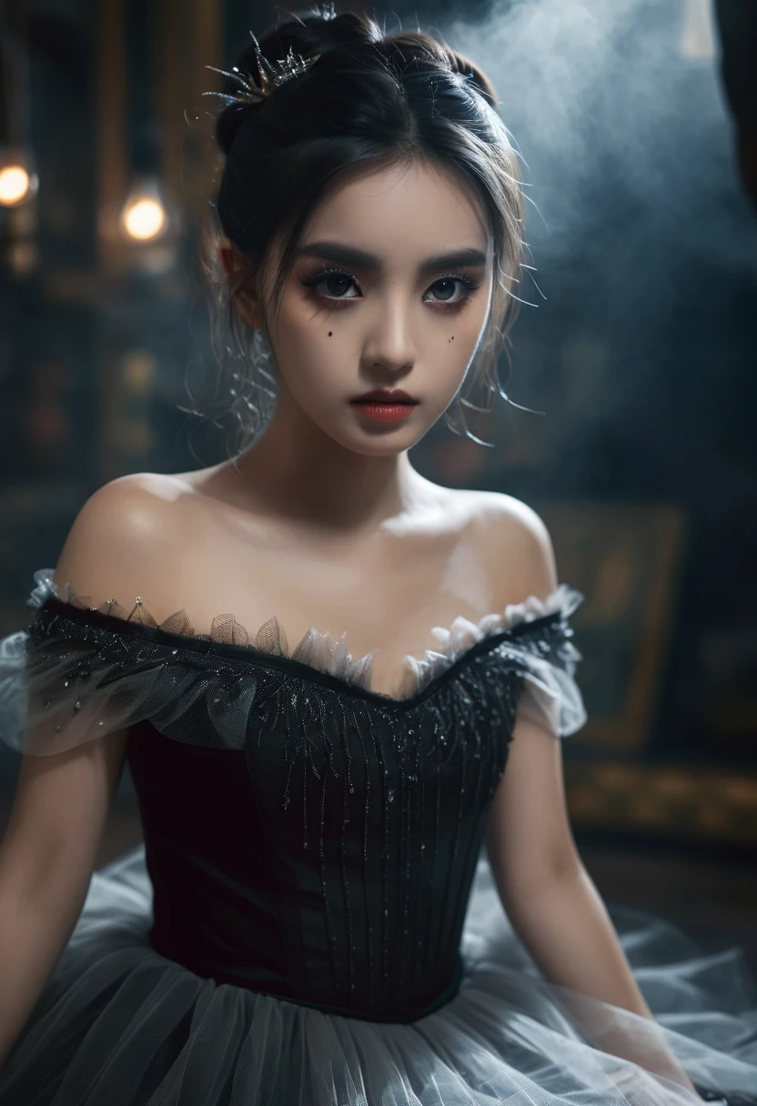UHD, 8K, ultra detailed, a cinematic photograph of Dark Fantasy Art, a girl with Tulle skirt,making eye contact, dark, moody, dark fantasy style, beautiful lighting, great composition