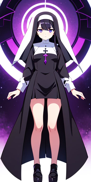Full body, beautiful eyes , 1 girl , full body , cute girl , anime style , cute eyes , (standing up) , Sister Seraphina is a striking figure in her early twenties, with alabaster skin and a hauntingly beautiful face framed by raven-black hair. She wears the traditional nun's habit, but it is tattered and imbued with dark, ethereal energy that seems to ripple and shift with her movements. Her eyes are a piercing violet, and her expression is often serene but tinged with an unsettling, otherworldly aura.) , teenage girl , demonic appearance