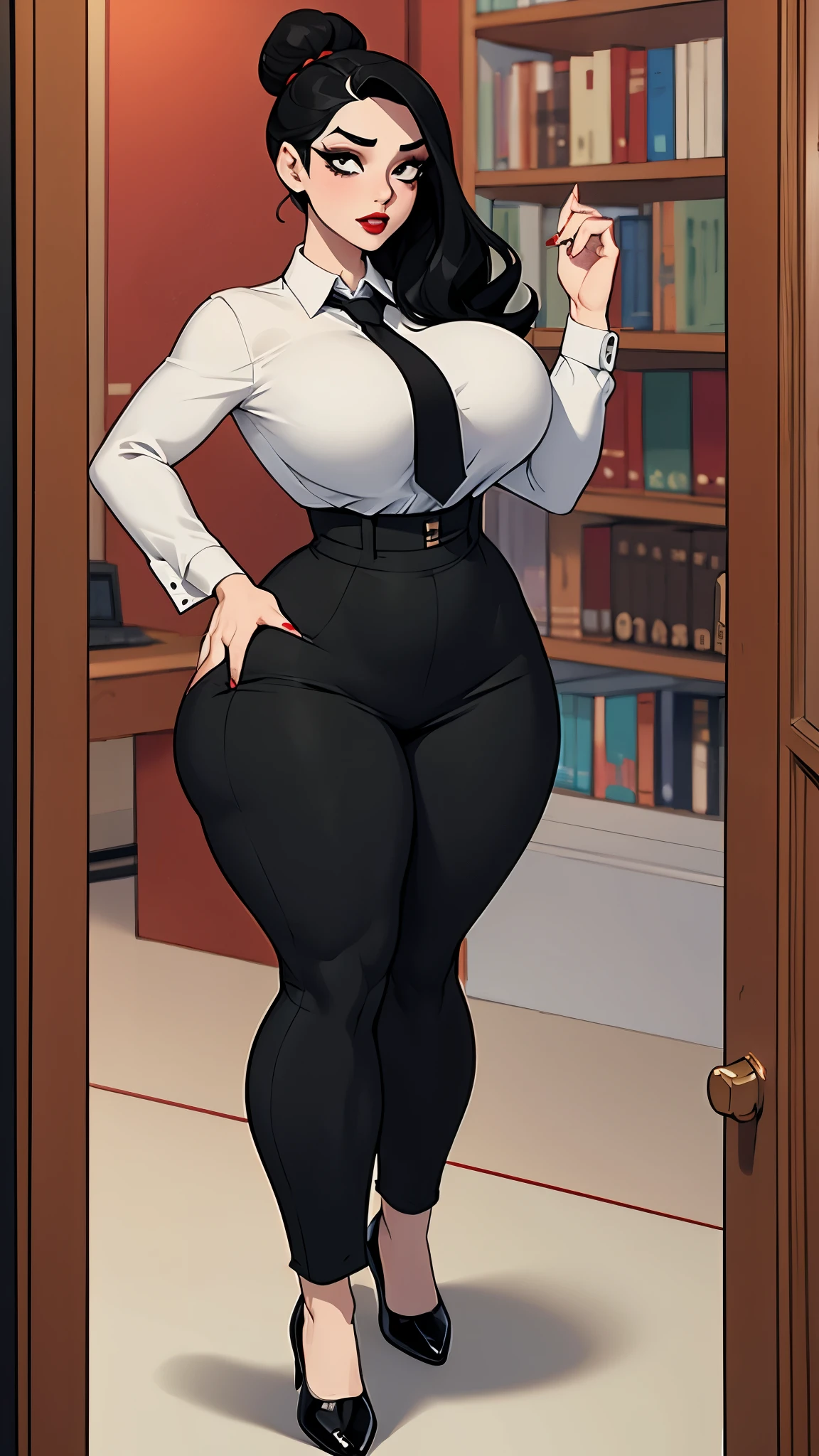 Psychologist woman, milf, extra curvy, pale skin, red lips black hair, onion hair up, office blouse, gray dress pants, Thin waist, Wide hips, thick thighs, long legs, bookcase background