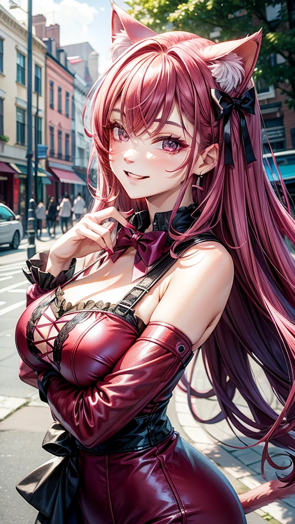 Magenta hair, hazel eyes, older woman, hair bows, cat ears, long hair, smiling face, sexy red outfit