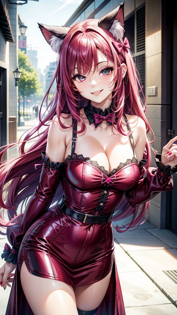 Magenta hair, hazel eyes, older woman, hair bows, cat ears, long hair, smiling face, sexy red outfit