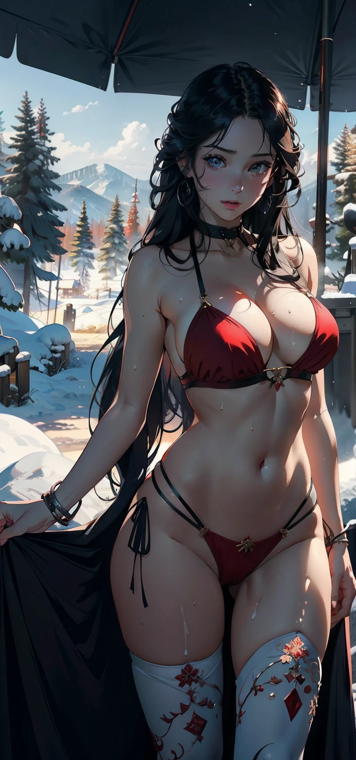 1female，25 age old，normal breasts，Pornographic exposure， solo，（Background with：ports，coniferous forest，at winter season，Snow on the ground） with his long black hair， bikini，standing on your feet，Sweat profusely，drenched all over the body，seen from the front， curlieostly cloudy sky，（（（tmasterpiece），（Very detailed CG unity 8K wallpaper），best qualtiy，cinmatic lighting，detailed back ground，beatiful detailed eyes，Bright pupils，（Very fine and beautiful），（Beautiful and detailed eye description），ultra - detailed，tmasterpiece，）），facing at camera，A high resolution，ultra - detailed）France，Sexy red court dress，revealing breasts，Bare genitalia， Bulge，Camel toes，Raised sexy，Flushed complexion，Open-mouthed，frontage