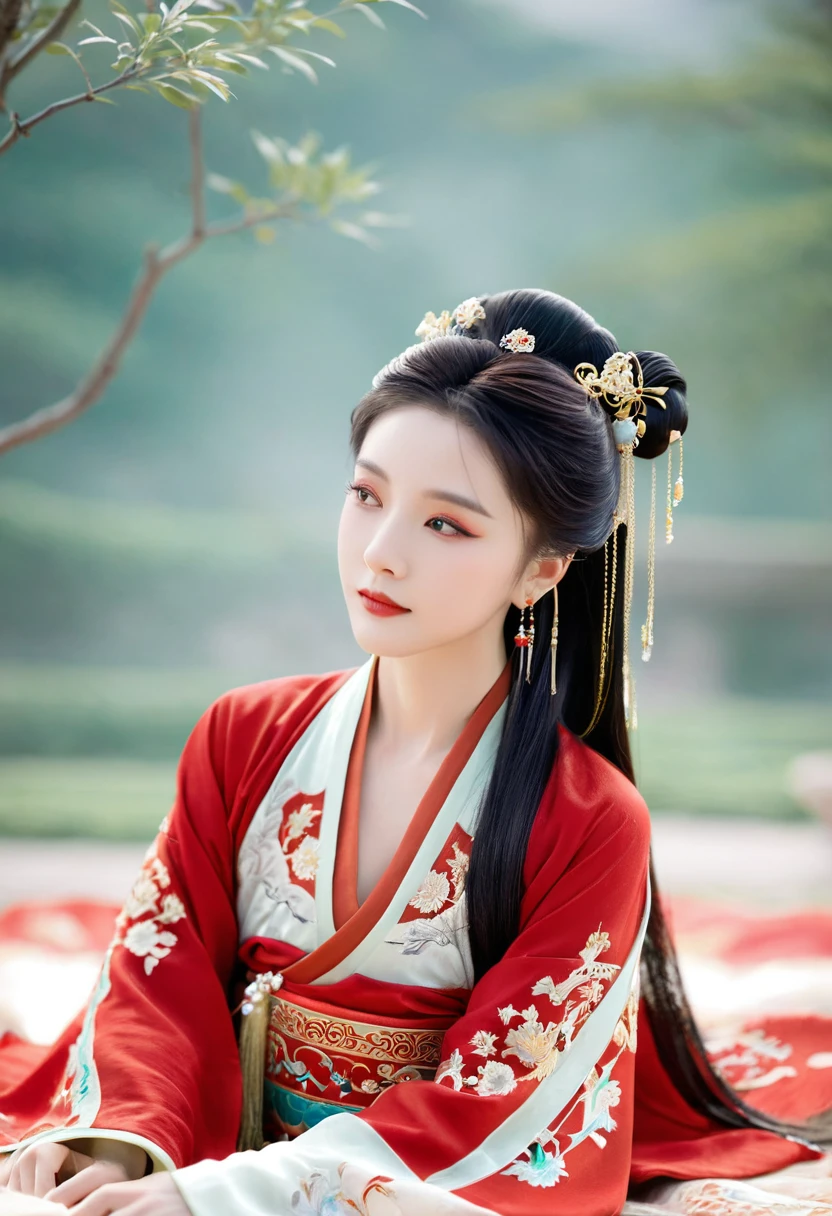 a close up of a woman in a red dress laying on a blanket, palace , a girl in hanfu, hanfu, wearing ancient chinese clothes, chinese princess, ancient chinese beauties, ancient chinese princess, traditional beauty, a beautiful fantasy empress, ((a beautiful fantasy empress)), chinese style, traditional chinese, chinese empress, traditional chinese clothing, white hanfu