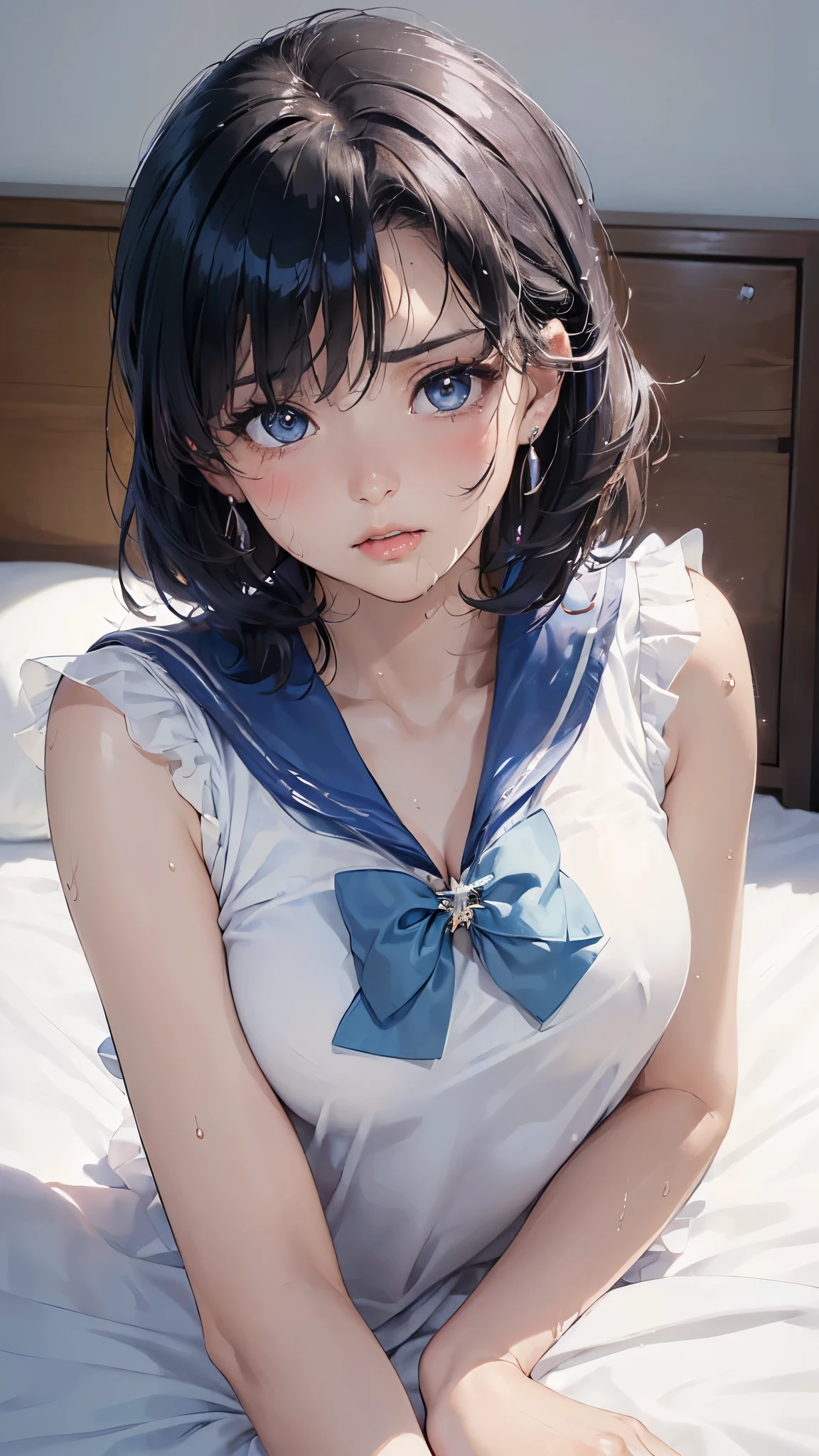 (masterpiece: 1.3), (Maximum resolution: 1.2), (Ultra HD TV: 1.2), Cinematic Light, 8k resolution, Detailed facial features , (Sharp focus: 1.2), (Focus on the face:1.2),Perfect Style, Beautiful Face, Acura, Anatomically correct, Two Arms, Highly detailed face and skin texture, Delicate and beautiful eyes, Glitter Eyeliner: 1 Natural Cheeks, Glowing Skin, Fair skin: 1.2, (Glossy Lips: 1.4),、 (Embarrassed look: 1.2),Highly detailed face and skin texture, The hair is very detailed.、Natural Cheeks, , Glossy Lips: 1.4,Perfect Style、Delicate depiction of hair、The whole body gets wet、Wet underwear、Cleavage、Soft Breasts、(Sperm in breasts:1.4)(Sperm on thighs:1.4)、 blush、Glaring expression、A humiliating look、Anxious expression、A look of humiliation、Embarrassed look、anger、sorrow、tears、Open your knees、Spread your legs、White bra、Sparkly little earrings and necklace、Disheveled clothes、White panties、sweating、Black Stockings、Sailor Mercury、 (1 girl), blue eyes, Blue Hair,Short Hair, Professional Lighting, (Glowing Skin: 1.2), Shiny big, ((Highest quality)), Sharp focus: 1.2, Highly detailed face and skin texture, Detailed eyes, Perfect Face, Perfect body, Blur Art, CG, Big Background , in front (20-year-old, 成熟したクールでBeautiful Face), wear (Sailor Mercuryの衣装:1.5),Blue tight sailor suit on a white background、Blue ultra-mini skirt、Ruined house、On the bed、(On my back, ベッドにLying down, ベッドにLying downいる, Lying down, White sheets:1.6)、(Masturbation:4.5)、
