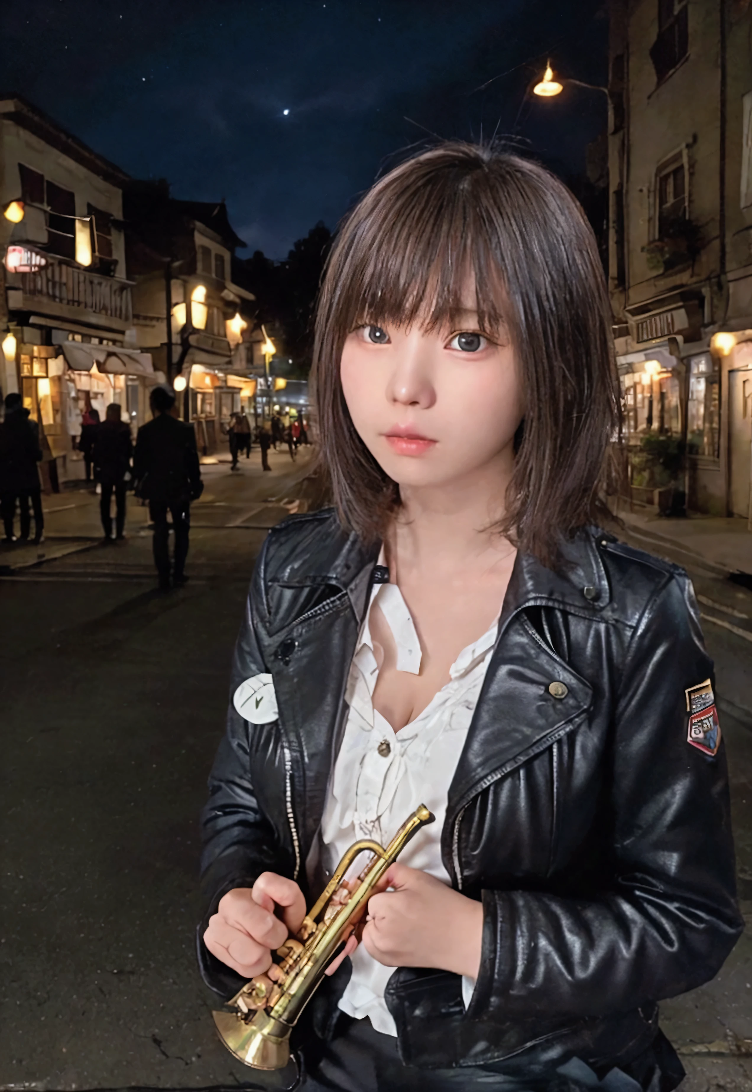 The sound of a trumpet echoing through the town at night、18 year old girl、Dark jacket、Trumpet in right hand、The town's street lights illuminate the girl、The backlight is on