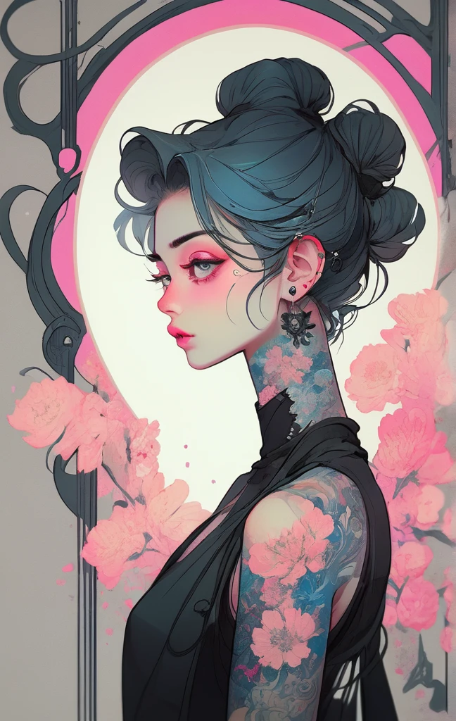 A stunning anime girl with an intricate floral tattoo on her neck, exuding elegance and beauty.,in the style of neon realism, dark pink and light black, gothic art nouveau, anime-inspired character designs, dark white and indigo, bold yet graceful, cyberpunk manga, detailed costumes