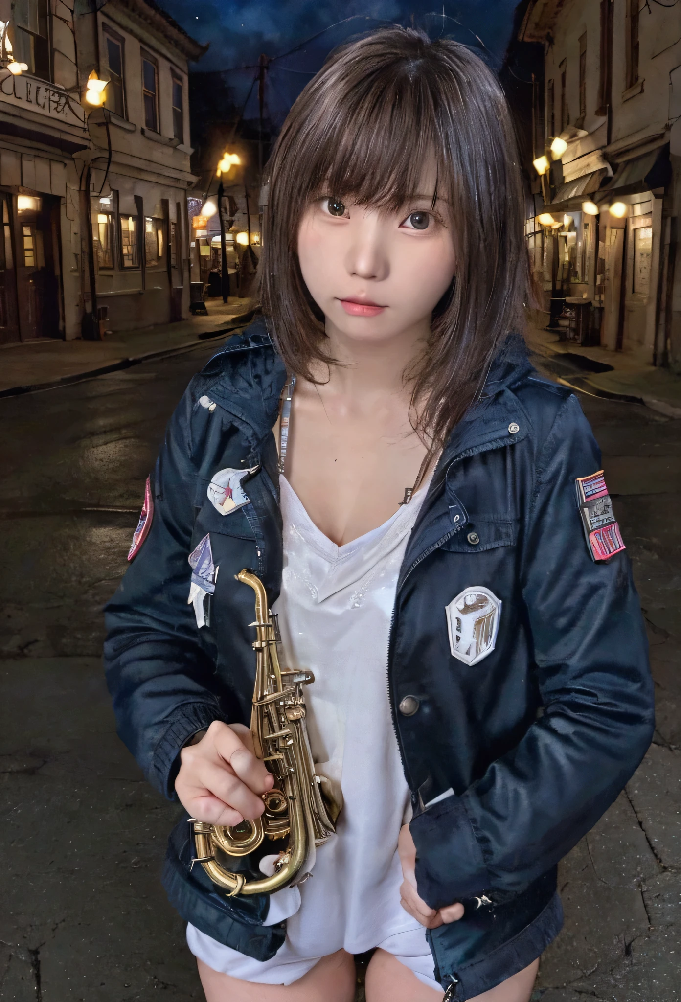 The sound of a trumpet echoing through the town at night、18 year old girl、Dark jacket、Trumpet in right hand、The town's street lights illuminate the girl、The backlight is on