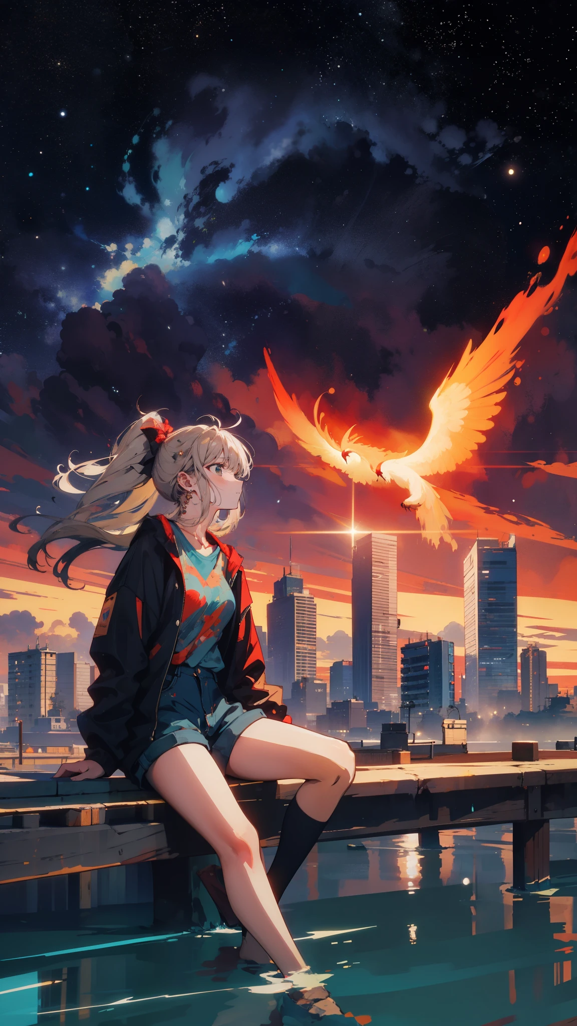 A solo teenager in a futuristic cityscape, looking at the sky, phoenix flying over the city, smoldering sky, stardust, dynamic camera angle, action pose, fantasy world, dark background, clean design, epic, artstation, colorful paint splatter, silhouette, hyper detailed intricate details, unreal engine, fantasy, splash screen, complementary colors, deviantart masterpiece, oil painting, heavy strokes, paint dripping, indifferent expression