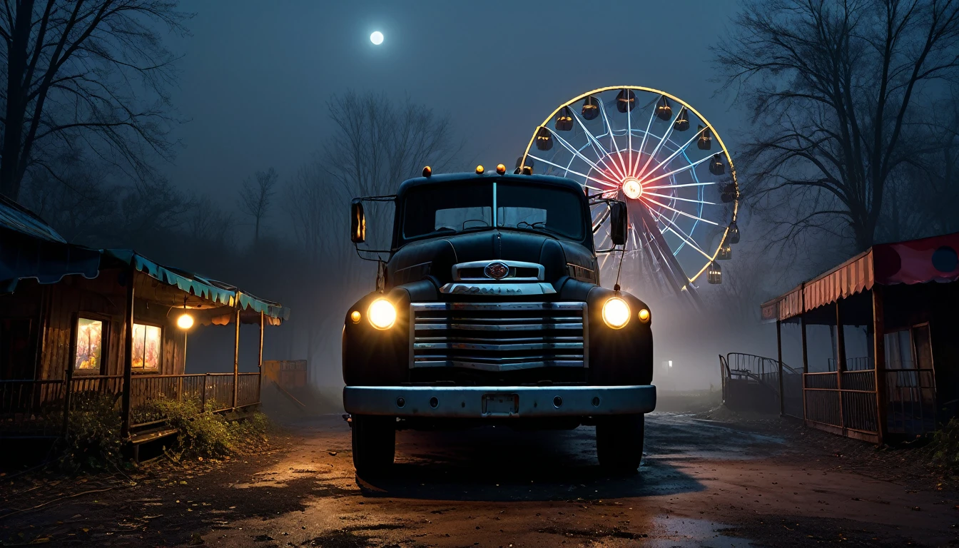 013: Create a hyper-realistic image of a large black truck parked in an eerie, abandoned amusement park at night. The truck's headlights cast an unsettling glow on the rusted rides and overgrown pathways. The fog hangs heavy in the air, obscuring the distant, broken-down Ferris wheel. The scene is silent and haunting, with a sense of lingering dread. Dark, shadowy figures seem to lurk just beyond the edge of the light. The image should be in a 16:9 format, with soft shadows and highlights to create a spine-tingling atmosphere.