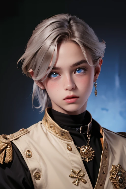 young 18 year old boy, Cute appearance, wear a light royal outfit with silver details, very light brown hair , bright crystal blue eyes, Cute and very detailed face , elegant pose