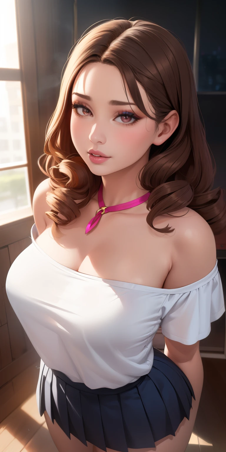 (work of art), (portraite), medium breasts (aesthetics), ((1 25 year old girl)), ((long  curly hair)), ((brown punk hair, long fluffy hair)), Wavy hair , Thin, open eyes, pink eyes, cute, Female One, Woman, Female One characteristics, high qualiy, roupas aestheticss, professional angle, (rule of thirds), Female One characteristics, standing alone, (attractive Korean Woman), spring time, (ink mist ), (natta), (vibrant light), seducer posture, ((guy looking forward))), thin strap blouse, Hip Long Off Shoulder Hip Hop Top Pleated Short Skirt ((energy)), (bold makeup), ( medium breasts), skin tanned, (Hip hop clothing details), (Top cut with *in* neckleace), (Beautiful neckleace), Body cute, gorgeous eyes, glare eyes, parted lips, beautiful mouth, beautiful lips, seducer pose and confident (best qualityer, ultra detali, photorrealistic: 1.39 ), bright and vibrant colors, studio lighting, romantic expression, seducer,