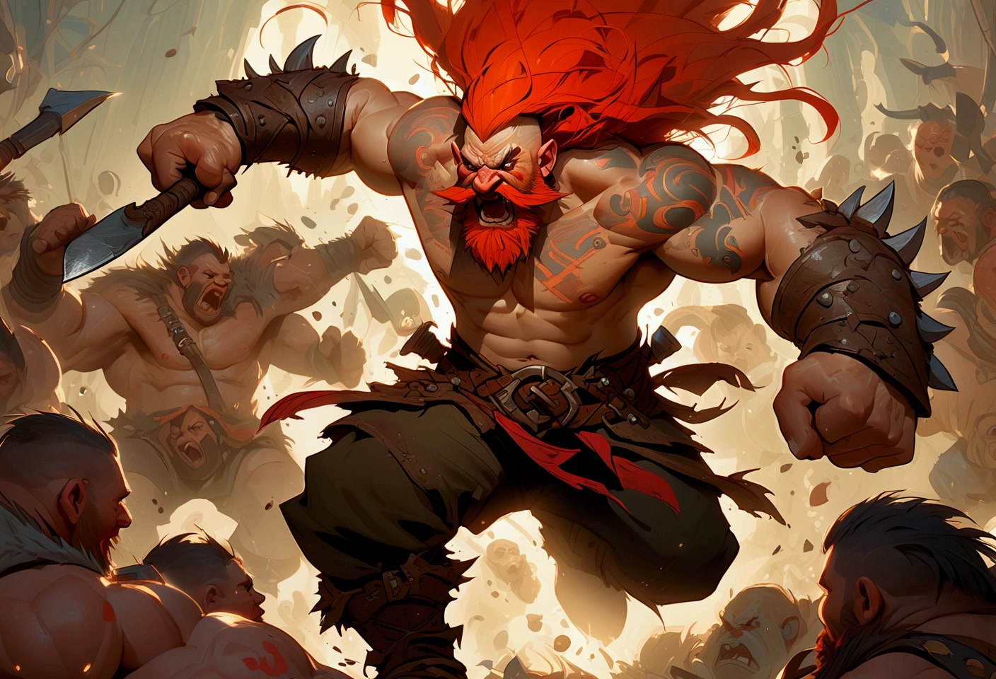 Fantasy painting of a bare chested muscular Dwarf from Warhamme, swinging huge axes, red beard and a mohawk haircut, tatooed, fighting an army of angry trolls, 