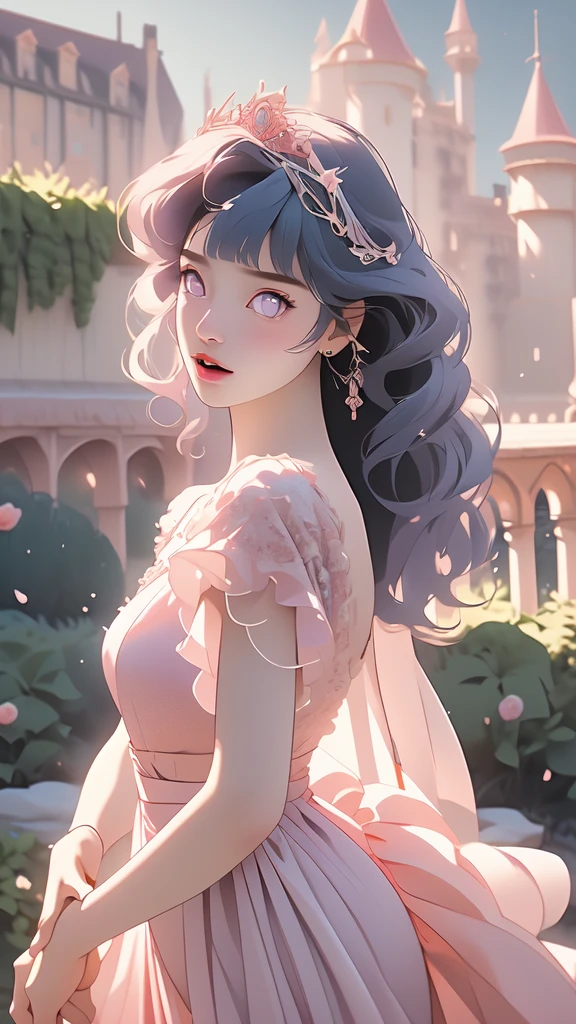 (auroraWaifu:1), surprised, beautiful pose, looking at the viewer, thick thighs, (long pink dress:1.2), (medium hair, tiara) :D, curvy, (holding a red rose:1),

(realistic: 1.2), (realism), (masterpiece: 1.2), (best quality), (ultra detailed), (8k, 4k, intricate), (full-body-shot: 1), (Cowboy-shot: 1.2), (85mm), light particles, lighting, (highly detailed: 1.2), (detailed face: 1.2), (gradients), sfw, colorful, (detailed eyes: 1.2),

(detailed landscape, garden, plants, castle: 1.2), (detailed background), detailed landscape, (dynamic angle: 1.2), (dynamic pose: 1.2), (rule of third_composition: 1.3), (line of action: 1.2), wide shot, daylight, soil, Blunt Bangs, purple eyes,dark blue hair