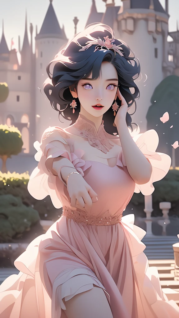 (auroraWaifu:1), surprised, beautiful pose, looking at the viewer, thick thighs, (long pink dress:1.2), (medium hair, tiara) :D, curvy, (holding a red rose:1),
(realistic: 1.2), (realism), (masterpiece: 1.2), (best quality), (ultra detailed), (8k, 4k, intricate), (full-body-shot: 1), (Cowboy-shot: 1.2), (85mm), light particles, lighting, (highly detailed: 1.2), (detailed face: 1.2), (gradients), sfw, colorful, (detailed eyes: 1.2),
(detailed landscape, garden, plants, castle: 1.2), (detailed background), detailed landscape, (dynamic angle: 1.2), (dynamic pose: 1.2), (rule of third_composition: 1.3), (line of action: 1.2), wide shot, daylight, soil, Blunt Bangs, purple eyes,dark blue hair