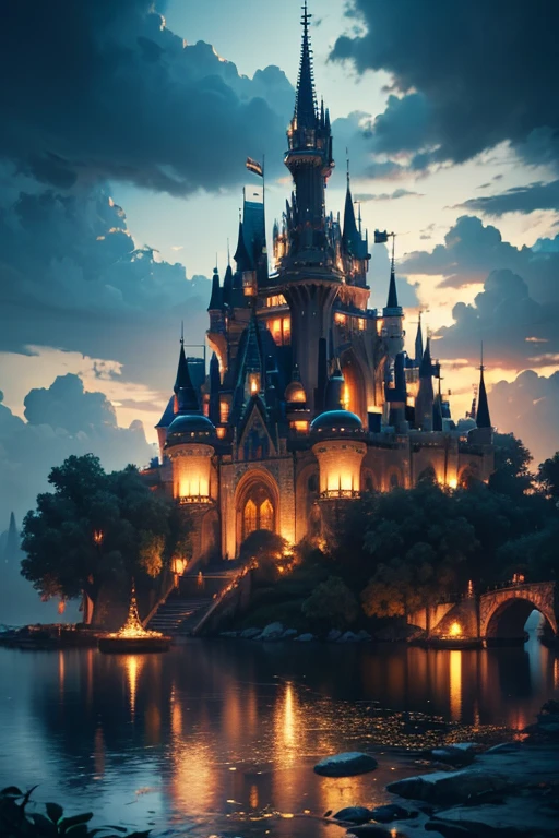 an enchanted city grows in a cup of clear water, clouds, a fairy tale, hyperdetalization, glitter, the background is dark, layered, many details, professional photo 64k