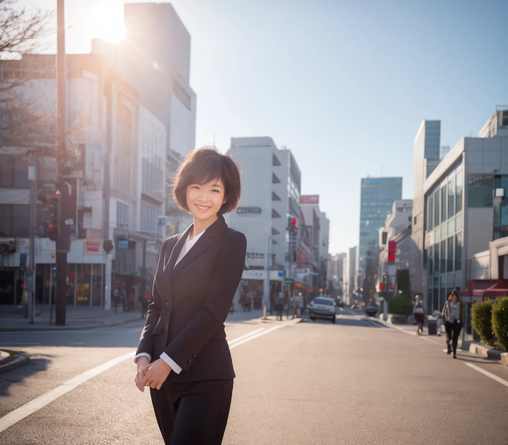 A businesswoman walking in a business district in a white city, with dramatic lighting. She is a cute Japanese woman with a short haircut, smiling, and backlit.
