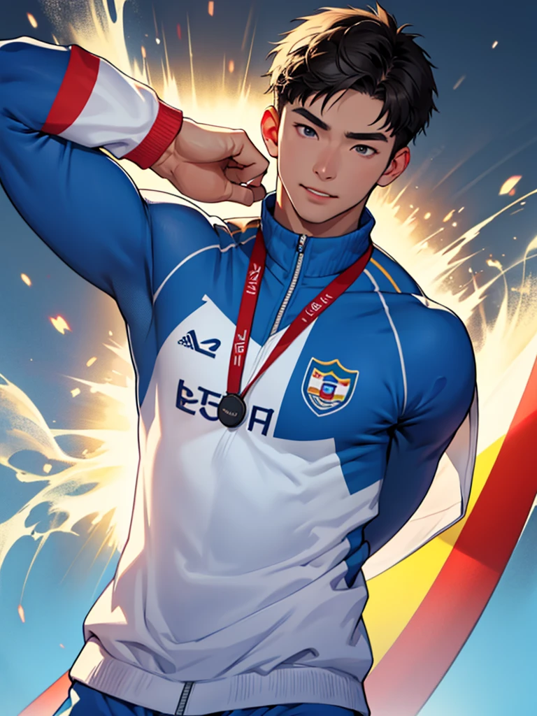 imagine an Olympic athlete, he is handsome
Korean. 20-28 years old. upon arrival, victory, emotion, vibration, achievement, showing his abs muscle
