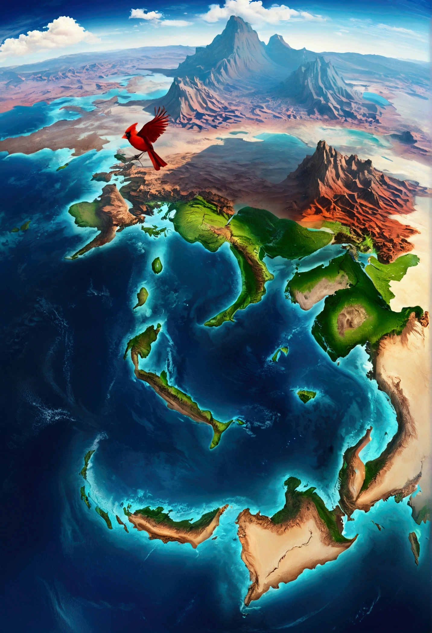 A giant continent, continent in a ocean, continent with cities, continent with mountains, continent with rivers, continent with lakes, continent with desert, continent with islands, continent cardinal point
