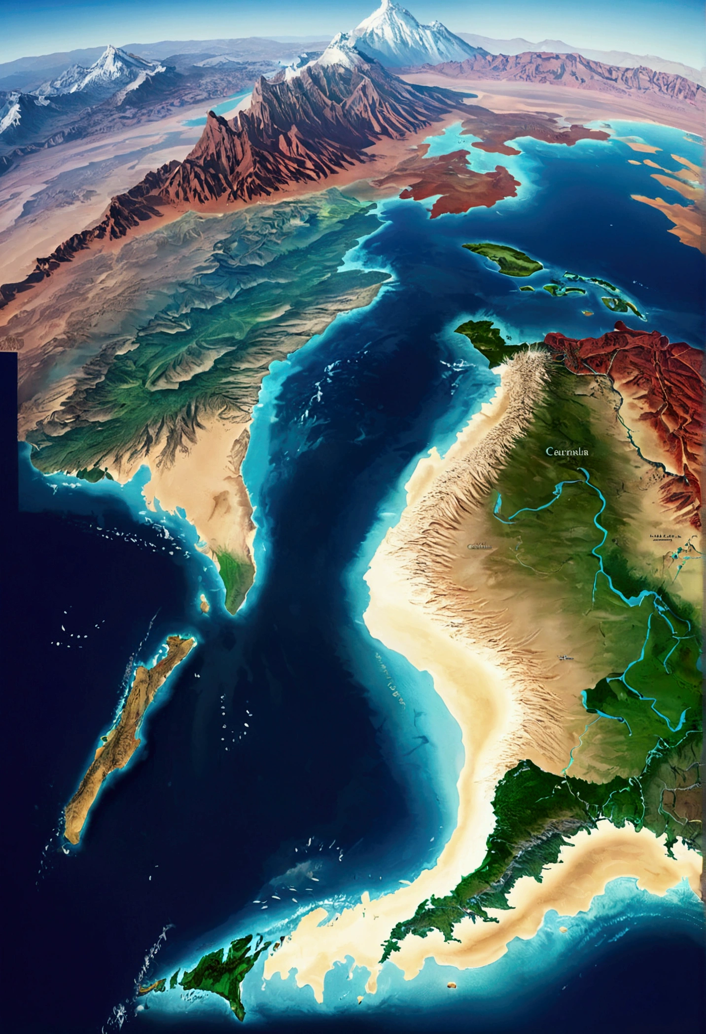 A giant continent, continent in a ocean, continent with cities, continent with mountains, continent with rivers, continent with lakes, continent with desert, continent with islands, continent cardinal point