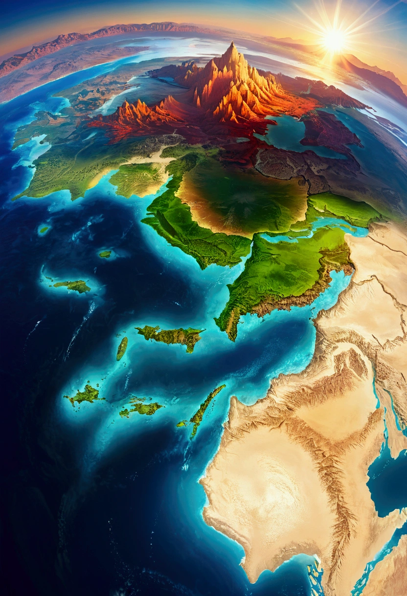A giant continent, continent in a ocean, continent with cities, continent with mountains, continent with rivers, continent with lakes, continent with desert, continent with islands, continent cardinal point