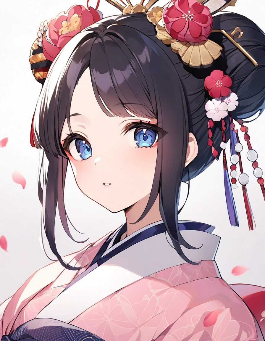 Create an image of a beautiful 21-year-old Japanese princess. She must have straight black hair tied in a traditional Japanese bun., Mr.々Decorated with traditional Japanese accessories. Her eyes are blue、She is wearing a traditional feminine pink dress.'that'In kimono.. The setting is a forest of cherry blossoms in full bloom..