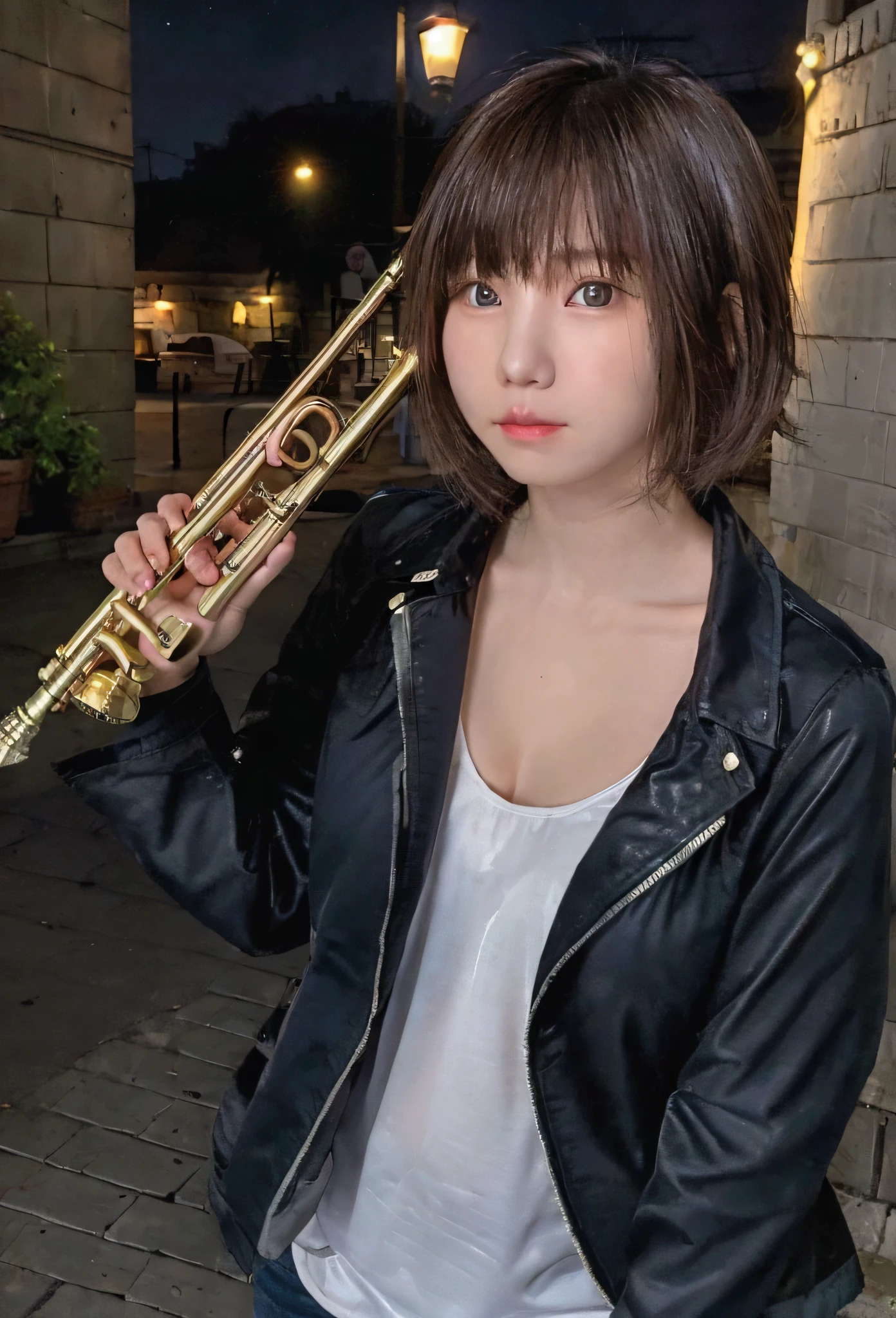 The sound of a trumpet echoing through the town at night、18 year old girl、Dark jacket、Trumpet in right hand、The town's street lights illuminate the girl、Backlit midnight blues