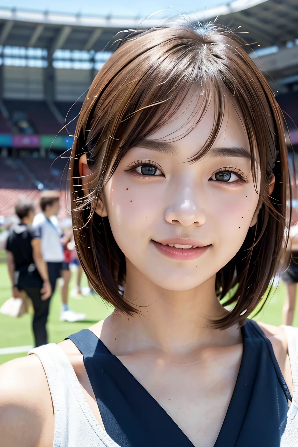 (((Close-up of face)))、(((Absolutely shoulder-length brown very short hair)))、(((Posing with the alleys of a Spectators at a soccer match at the Olympic Stadium in the background)))、(((Standing in a packed auditorium))), (Watching the game), (((She is wearing clothes suitable for early summer)))、(Natural laughter:1.25)、 (((very cute Japanese actress:1.2))), (18 year old girl)、Standing Alone、Looking forward、Light eye makeup、Brown Hair Color、Flat and 、Hair blowing in the wind、Actress Quality、Glossy, ultra-realistic face、Smiling face、Watery eyes、large breasts, Cleavage, Facing forward and looking at the camera、Subtle lighting effects、 Ultra-Realistic Capture、Very detailed、High resolution 16K close up of human skin。Skin texture must be natural、The details must be such that pores can be clearly seen、The skin is healthy、Uniform tone、Use natural light and colors、A worn-out, high-quality photo taken by a model agency&#39;s in-house photographer.、smile、from back, (((SIGMA 300 mm F/1.4,1/1000 sec shutter,ISO 400)))、The background is F-stop 1..4 is blurred
