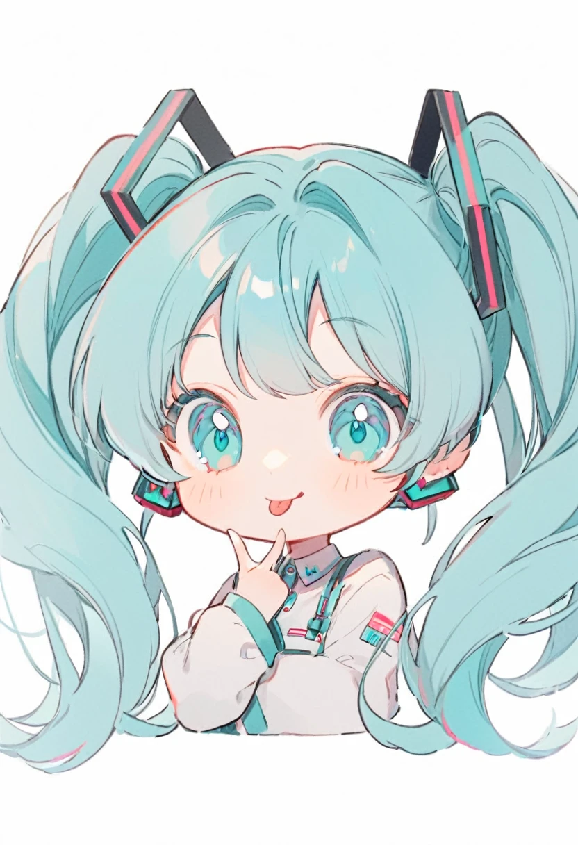 Soft lines,  hatsune miku, Chibi, cute, Turquoise Hair, Twin tails, Turquoise Eyes, smile, Sticking out tongue, White Background