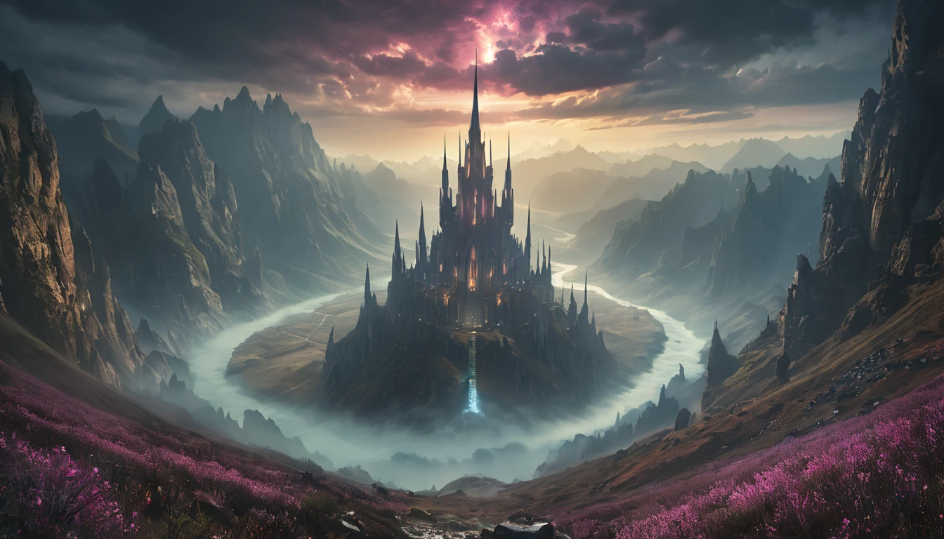(best quality,4k,8k,highres,masterpiece:1.2),ultra-detailed,(realistic,photorealistic,photo-realistic:1.37),valley with hundreds of giant spires touching the sky on an alien world, general shot,dark,ominous atmosphere,dramatic lighting,cold color palette,demonic energy emanating,powerful presence,ethereal beauty,herculean strength,captivating,unsettling presence,haunting and mesmerizing,horrifyingly enchanting