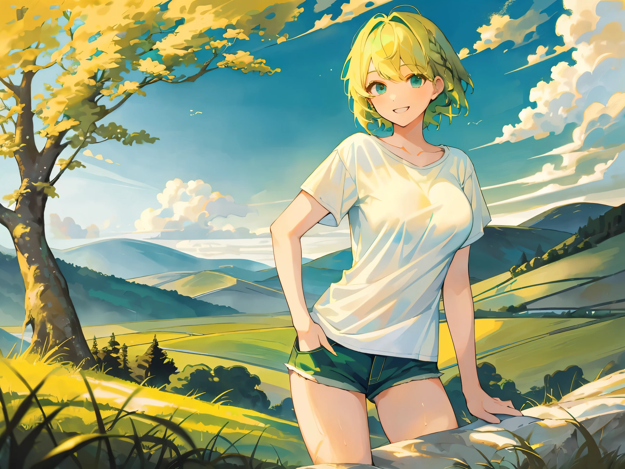 (masterpiece), best quality, expressive eyes, perfect face, short medium hair, two-tone hair ((blonde hair, green hair)), glowing blue eyes, [thighs], skinny body, perfect body, [medium big breast], smile face, ((white t-shirt)), ((landscape)), ((sky)), ((1 girl)), (((mature girl))), (((posing)))
