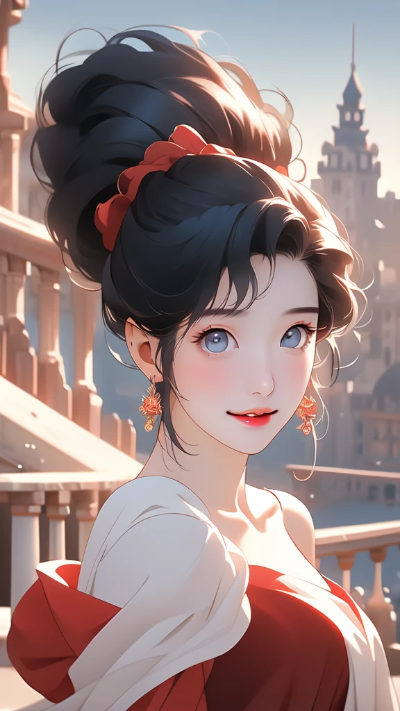 (best quality), (masterpiece), (high resolution), (intricate details:0.2),(professional lighting), room, detailed background, over sized red dress, off shoulder, (previous view), 1girl, solo, (beautiful face:1.40), slim body, fine skin, smile, short ponytail black hair, sky blue eyes, (Medium beasts:1.10), see at viewer,
