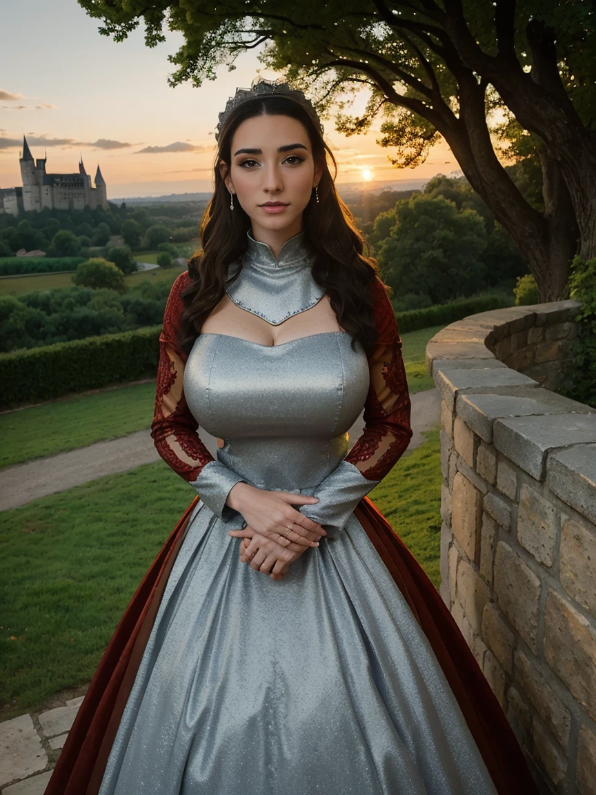 Gorgeous and sultry busty athletic (thin) brunette queen with sharp facial features wearing a modest updo, dark red medieval dress, long sleeves, intricate patterns, scrollwork, wide neck, crown, veil, long dress, modest dress, tight bodice, (silver waist chain), medieval jewelry, Middle Ages, castle, rampart, wall, exterior, on top of a castle wall, trees, countryside, evening, sunset.