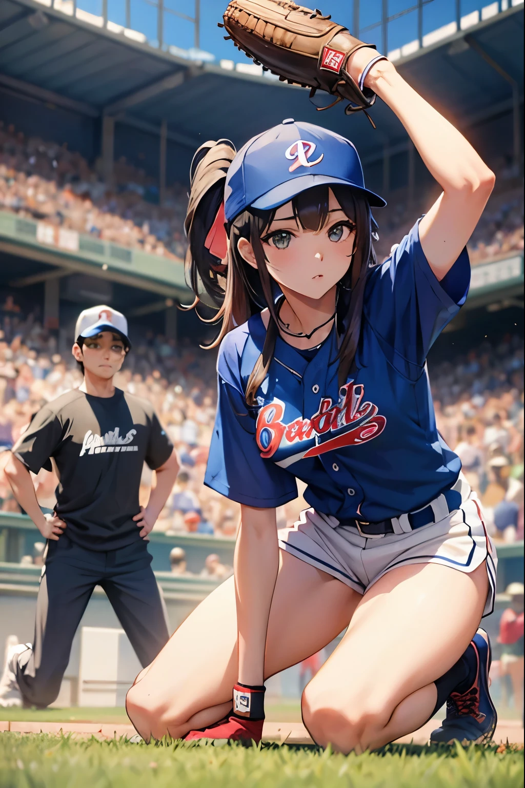 Baseball Beauty、Sexy、court、Catching the ball with a glove、Defense、Kneel、bend over