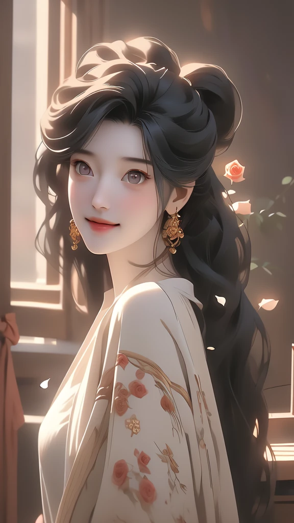 best quality, masterpiece, highly detailed,1girl, ((rose)), (vine), cage, bandage, red rope, (detail light), falling rose petals, Boa Hancock,, (masterpiece:1.5), Detailed Photo, Smiling,(8K, Photorealistic, Best Quality: 1.4), (1girl), Beautiful Face, (anime realistic Face), (Black Hair, long Hair: 1.3), Beautiful Hairstyle, Realistic eyes, beautiful detail eyes, (realistic skin), beautiful skin, (sweater), absurd, attractive, ultra high resolution, ultra realistic, high definition, golden ratio, backwards, looking back