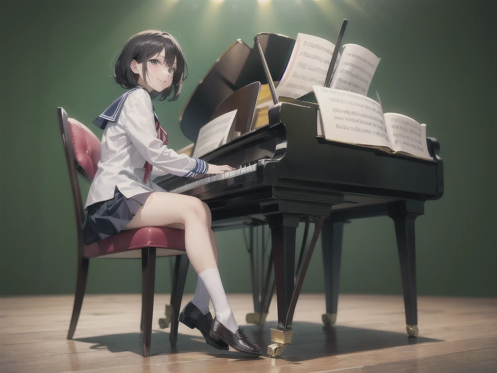 There's a girl there, a piano, and a piano chair.
She plays the piano.
She is 18 old.
She has one eye dark haired.
She has black eyes.
She smiles.
She is not wearing a mask.
She wears a dark bule and white sailor suit.
She wears a black blue mini skirt.
She wears white socks and loafers.
There is green background.