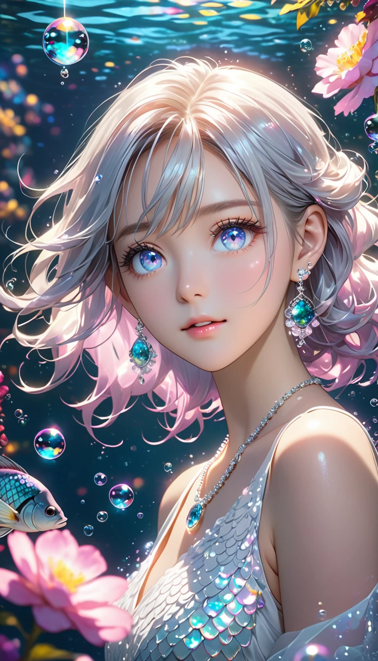 deep sea,Yang,bubble,Alexandrite eyes and hair, Platinum earrings, Platinum necklace, Fish scale white dress, , (Dynamic Lighting:1.2), light, Beautiful, Beautiful eyes, Sharp pupils, Realistic students, Boundary depth written, Bokeh, Clear focus, (Very detailed, bloom, shine:1.4), 许多小bubble