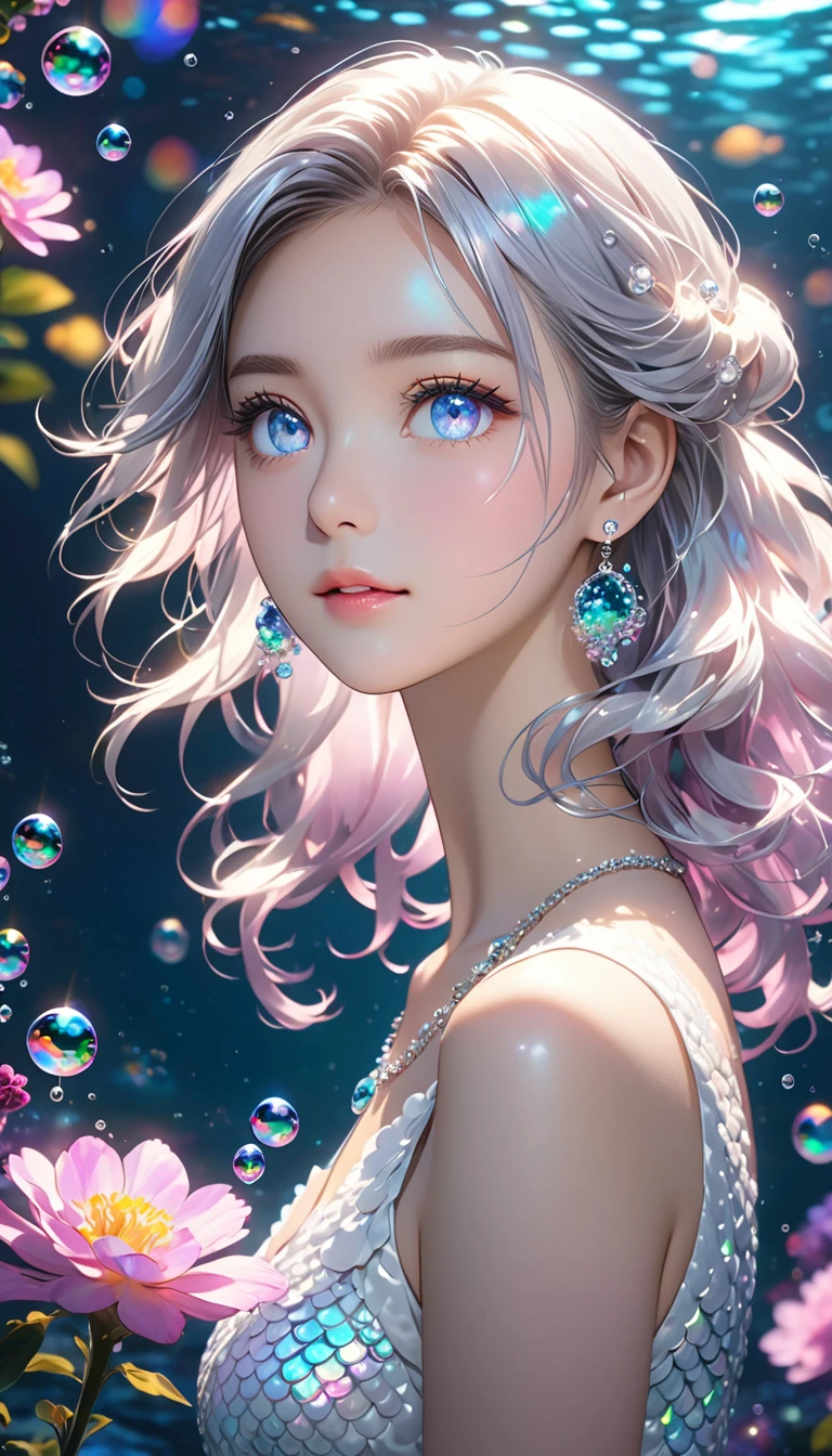 deep sea，Yang，bubble，Alexandrite eyes and hair, Platinum earrings, Platinum necklace, Fish scale white dress, , (Dynamic Lighting:1.2), light, Beautiful, Beautiful eyes, Sharp pupils, Realistic students, Boundary depth written, Bokeh, Clear focus, (Very detailed, bloom, shine:1.4), 许多小bubble