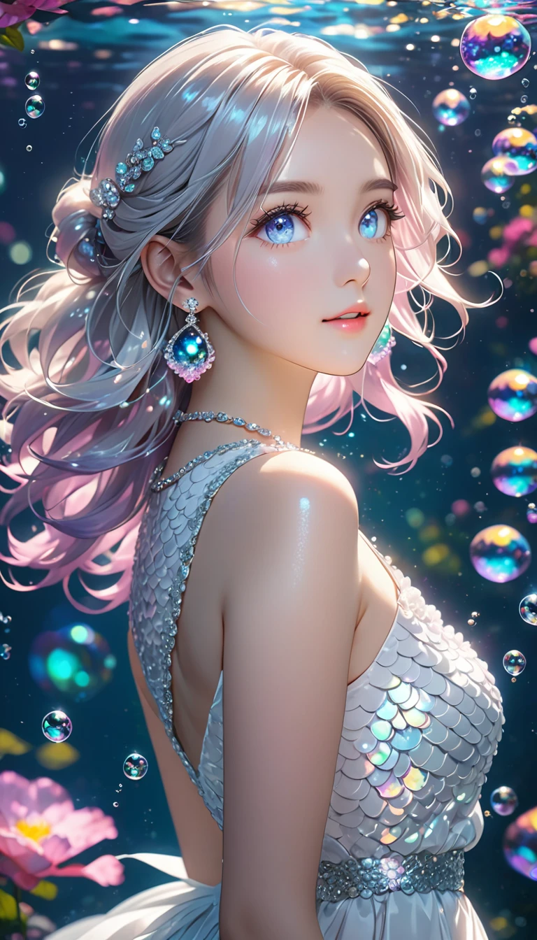 deep sea,Yang,bubble,Alexandrite eyes and hair, Platinum earrings, Platinum necklace, Fish scale white dress, , (Dynamic Lighting:1.2), light, Beautiful, Beautiful eyes, Sharp pupils, Realistic students, Boundary depth written, Bokeh, Clear focus, (Very detailed, bloom, shine:1.4), 许多小bubble