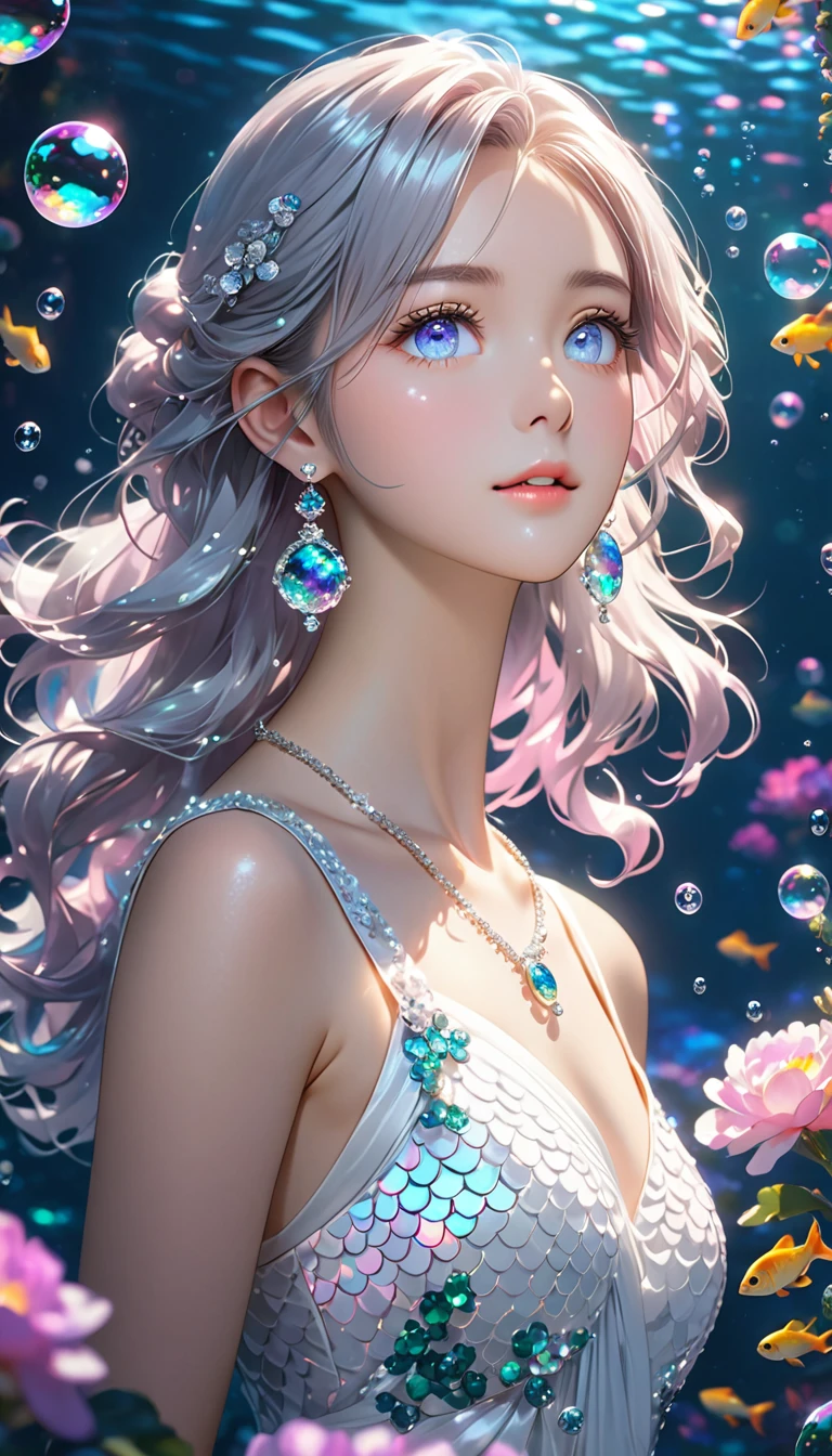 deep sea,Yang,bubble,Alexandrite eyes and hair, Platinum earrings, Platinum necklace, Fish scale white dress, , (Dynamic Lighting:1.2), light, Beautiful, Beautiful eyes, Sharp pupils, Realistic students, Boundary depth written, Bokeh, Clear focus, (Very detailed, bloom, shine:1.4), 许多小bubble