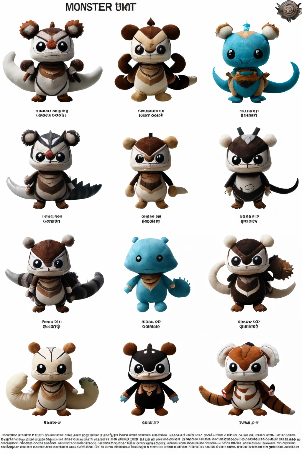 ((Plush Toys)), （(monster hunter)）, (Exquisite), cute, Plush Toys，design diagram，White background，Comparison chart