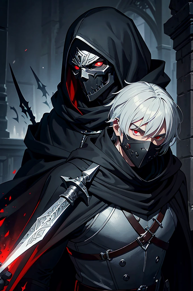 Assassin, male, red eyes, fantasy character, strong body Wear a skull mask to cover your face and eyes. Wears black medieval clothing and a white hoodie on the outside, gray hair, short hair.